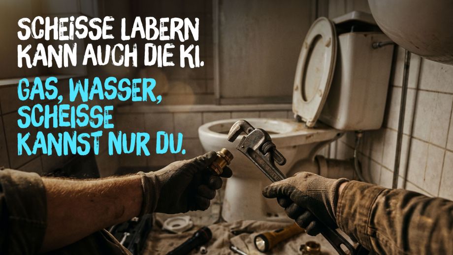 Kampagnenmotiv: Zwei Handwerker mit Rohrzangen vor einer alten Toilette. Text: Scheiße labern kann auch die KI. Gas, Wasser, Scheiße kannst nur du.